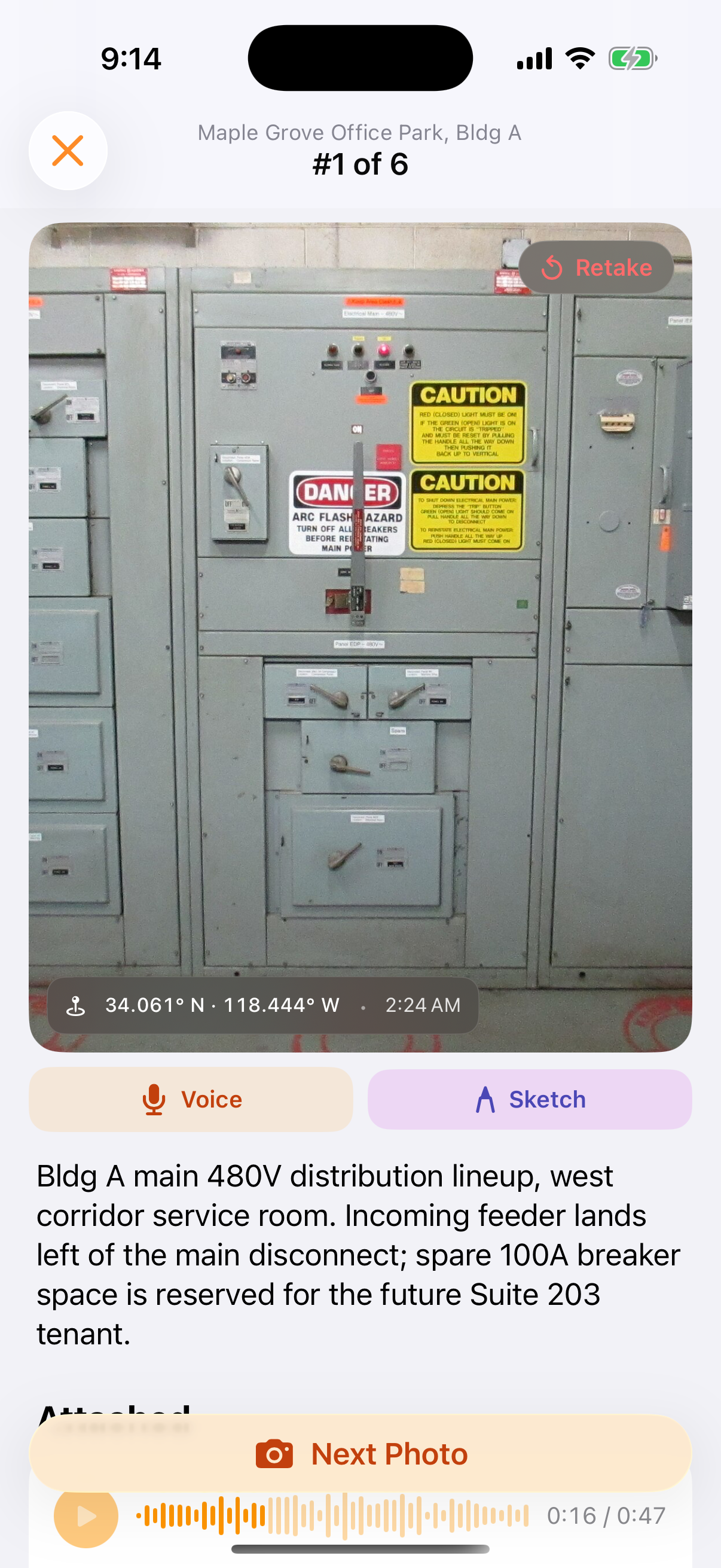 Reviewing a capture in Sitewise on iPhone: photo, voice transcript, and a written observation.