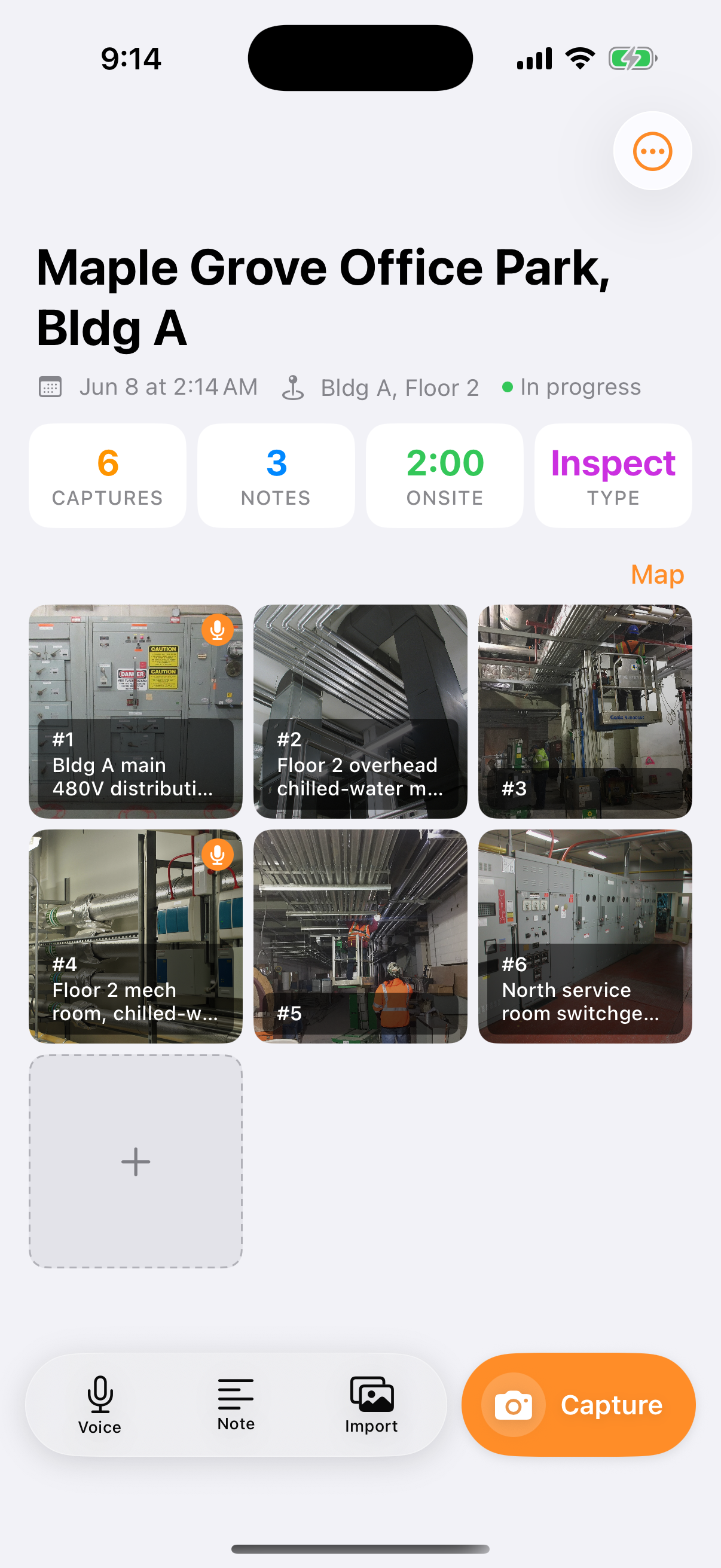 A Sitewise project hub on iPhone: captures, voice notes, and time on site for Maple Grove Office Park.